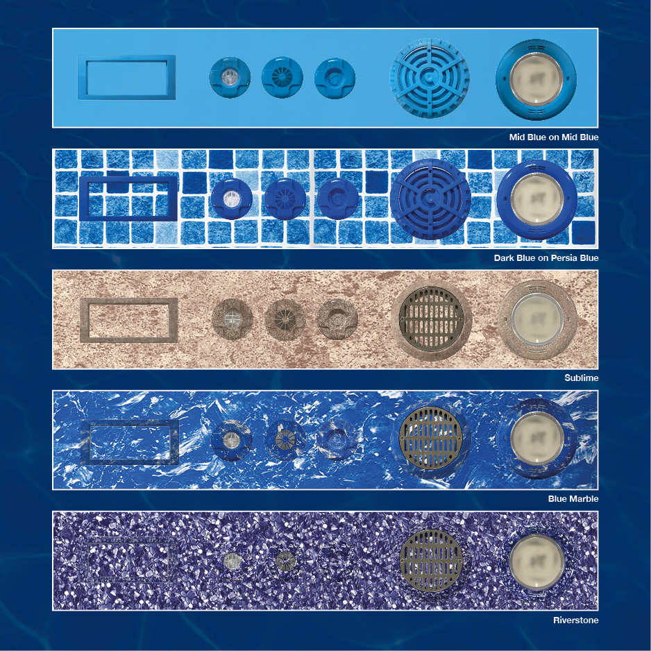 Patterned pool fittings for liner swimming pools